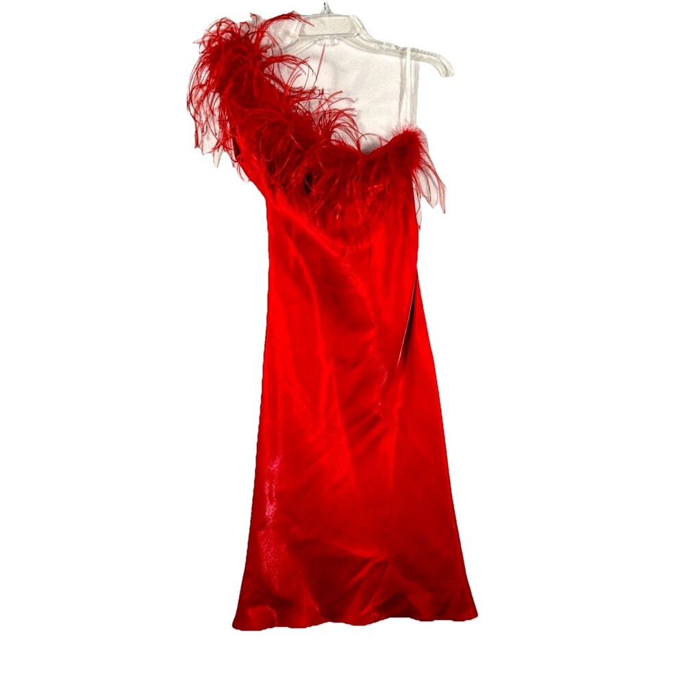 Vintage Red Satin One Shoulder Feather Trim Cocktail Evening Dress Halter M USA